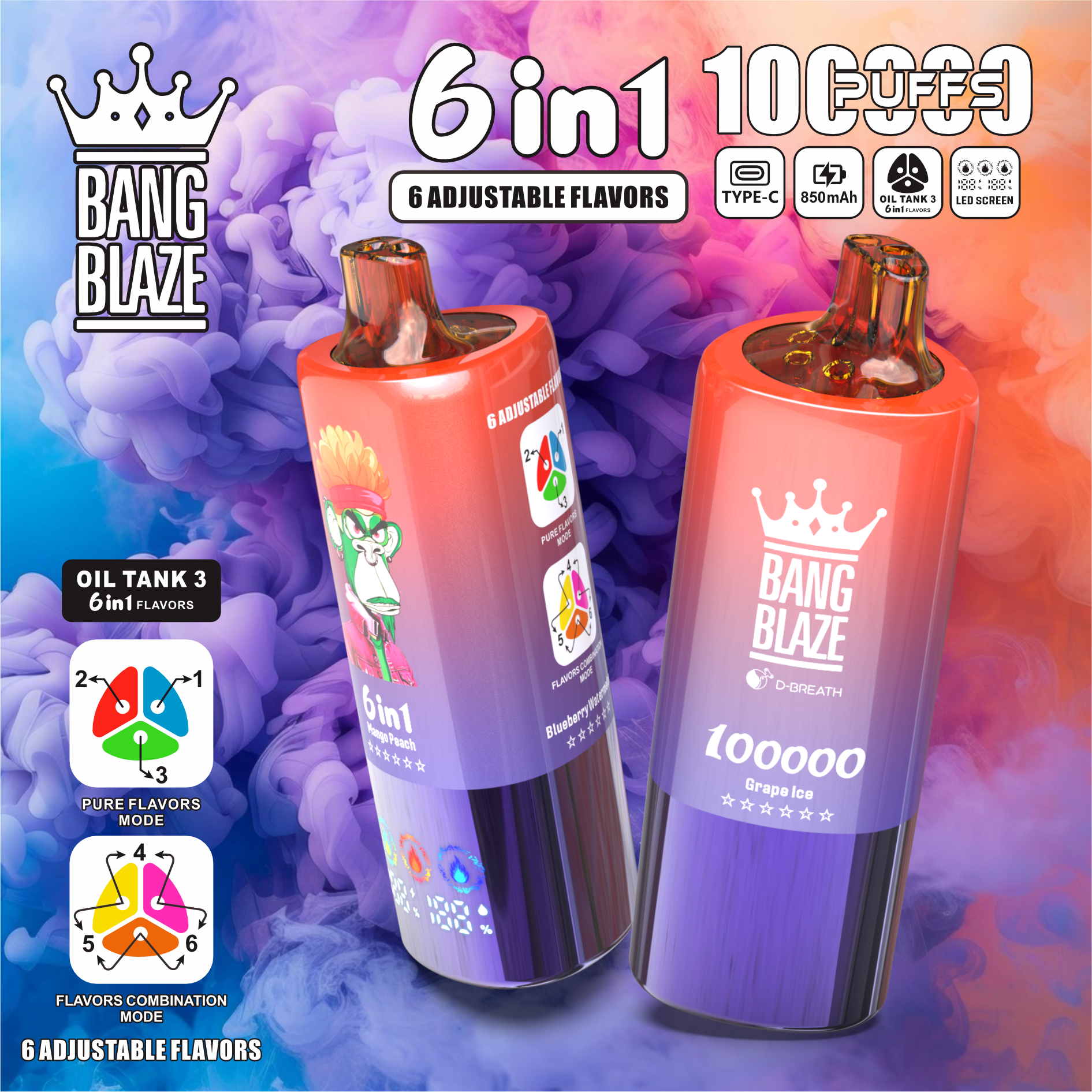 Bang Blaze 100000 100K Puffs 6 in 1 Flavors Newest Original Rechargeable LED Display Disposable Vape - Image 6